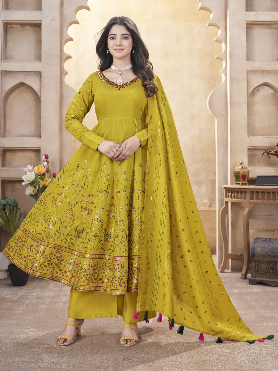  Roman silk salwar suit with mirror work and foil print, ready to wear in size M-38 and XL-42