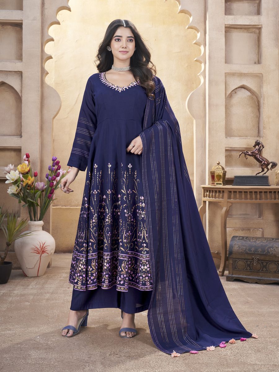 NAVY BLUE ROMAN SILK MIRROR WORK AND FOIL PRINT SALWAR SUIT top with mirror work and foil print on roman silk fabric