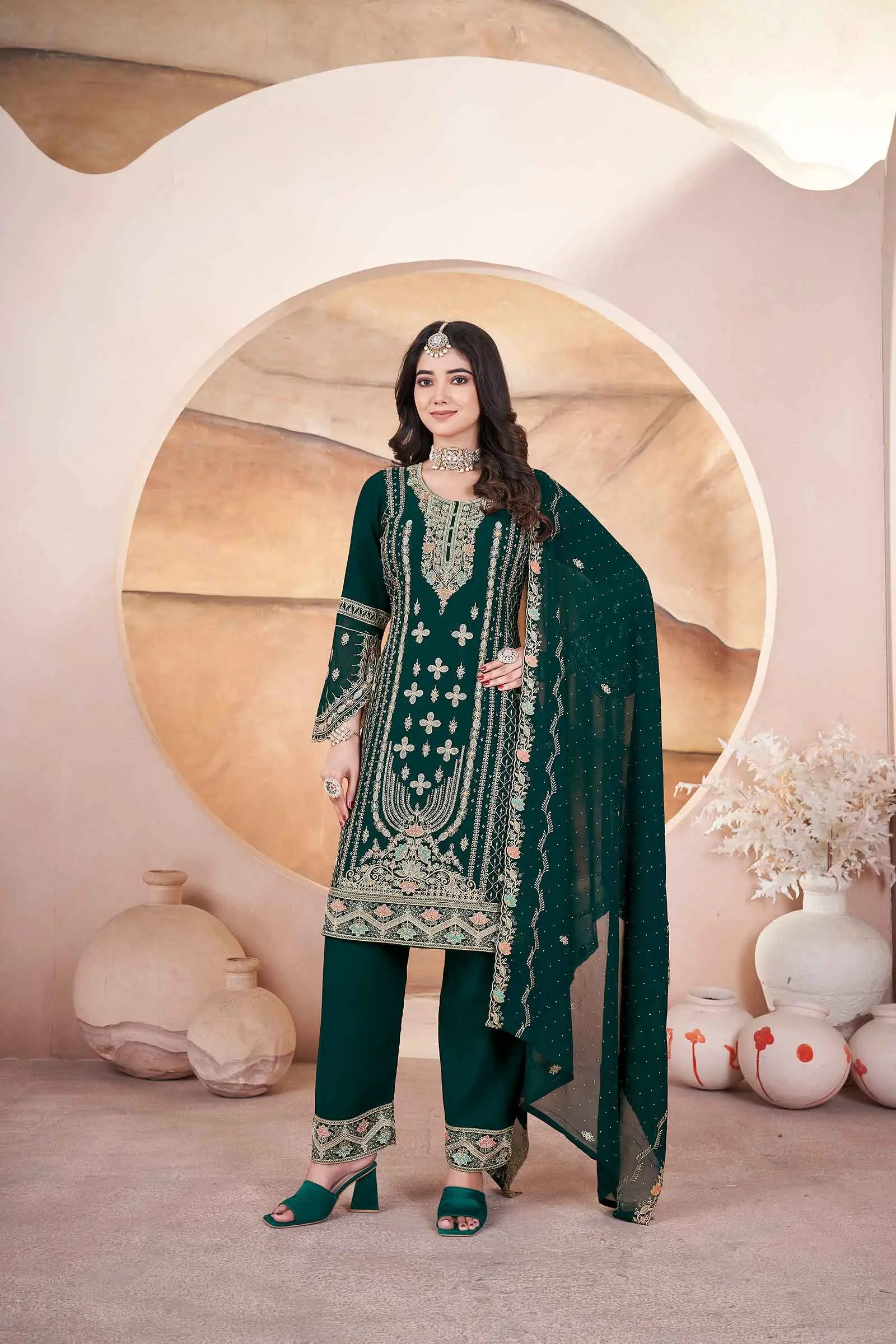 Green Georgette Salwar Suit With Embroidery And Siroski Work - qivii