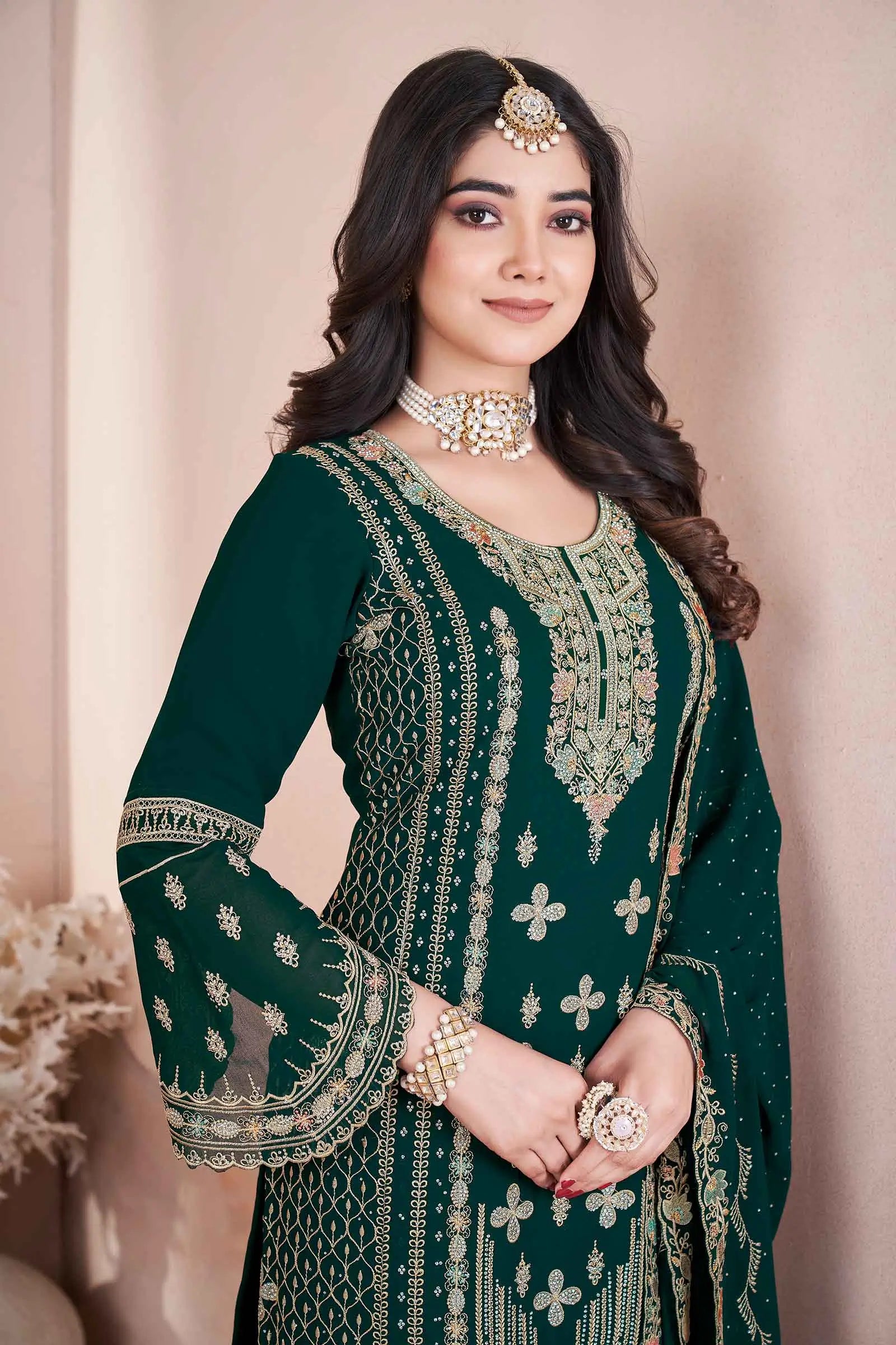 Green Georgette Salwar Suit With Embroidery And Siroski Work - qivii