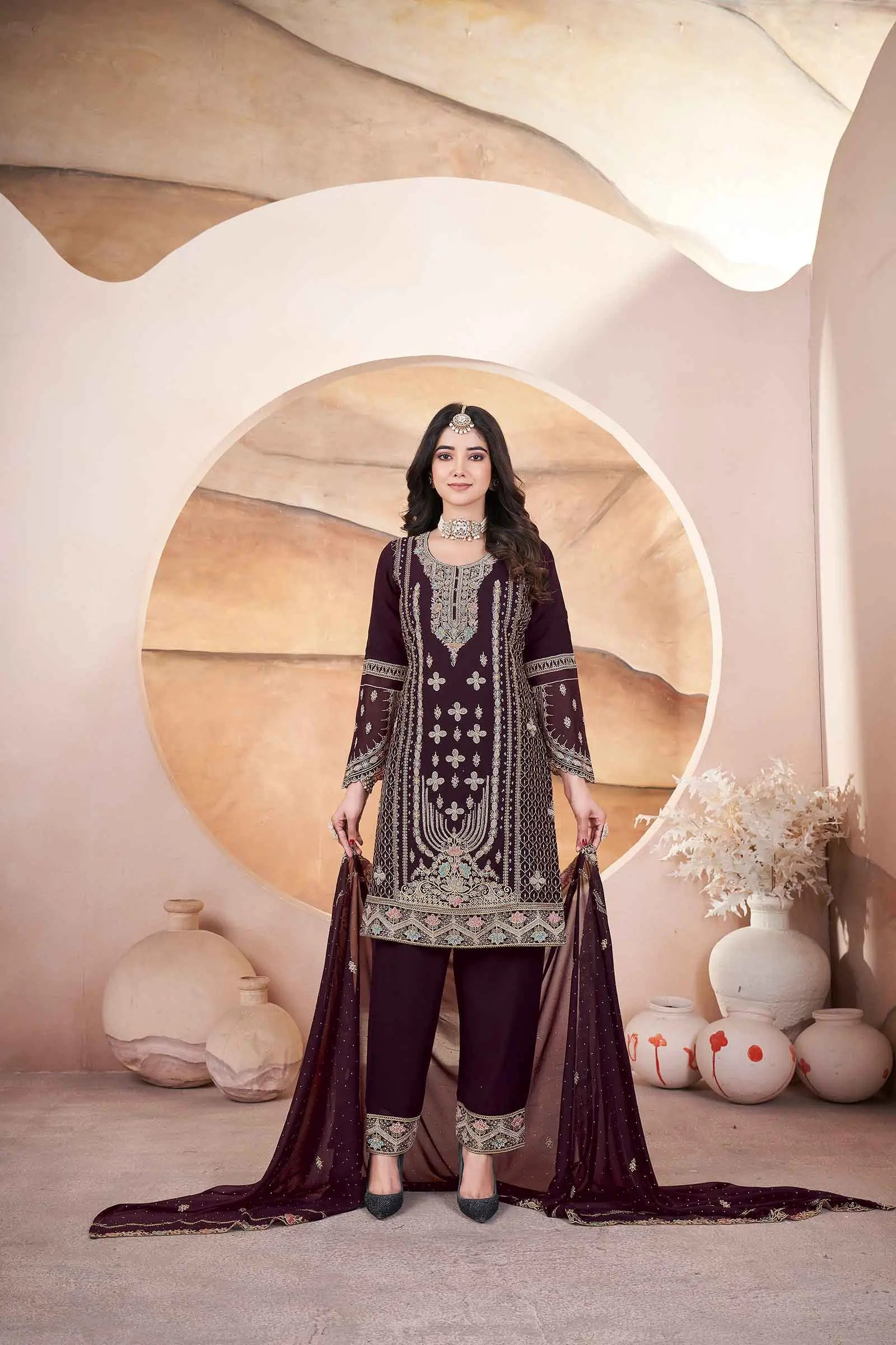 Brown Georgette Salwar Suit With Embroidery And Siroski Work - qivii