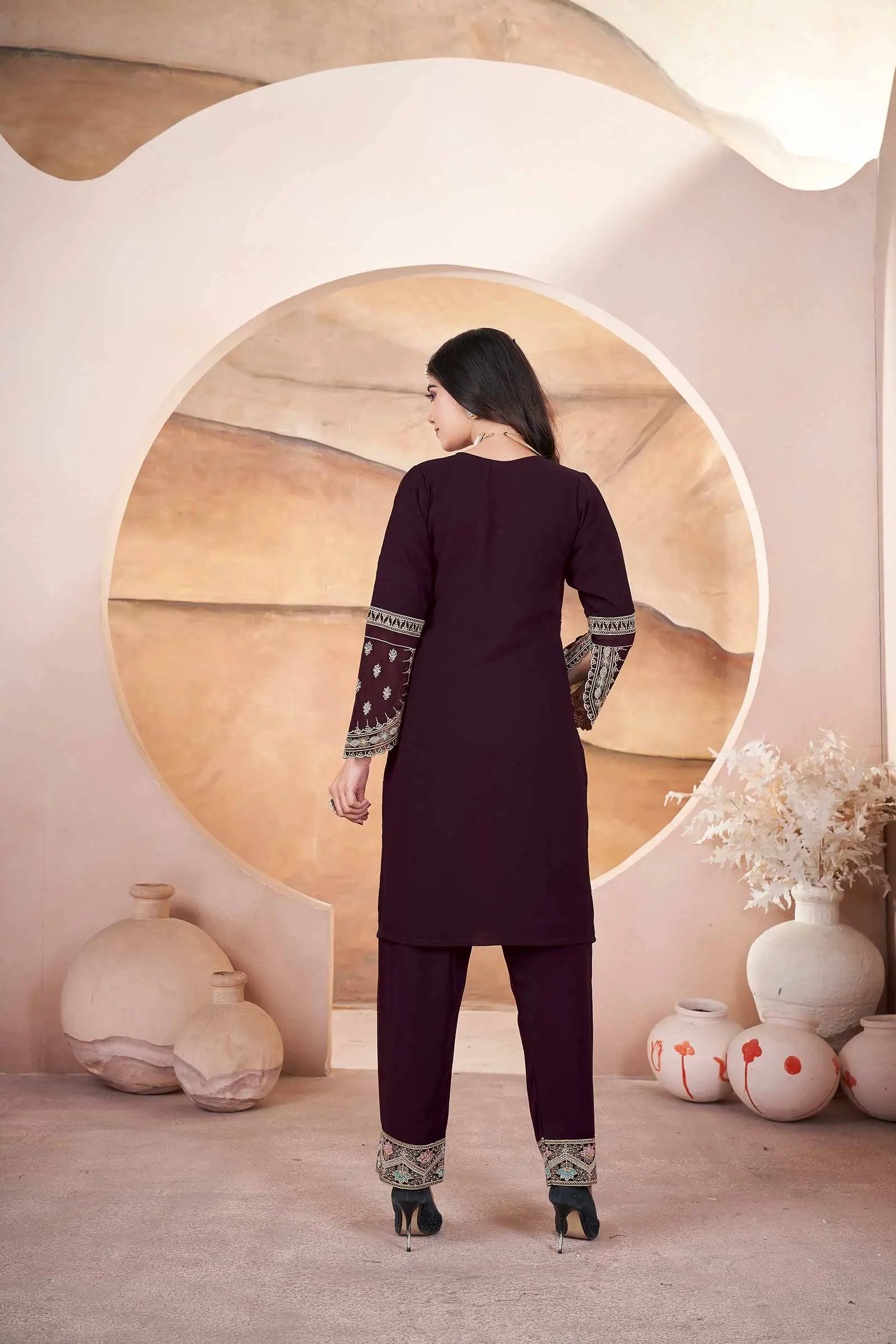 Brown Georgette Salwar Suit With Embroidery And Siroski Work - qivii
