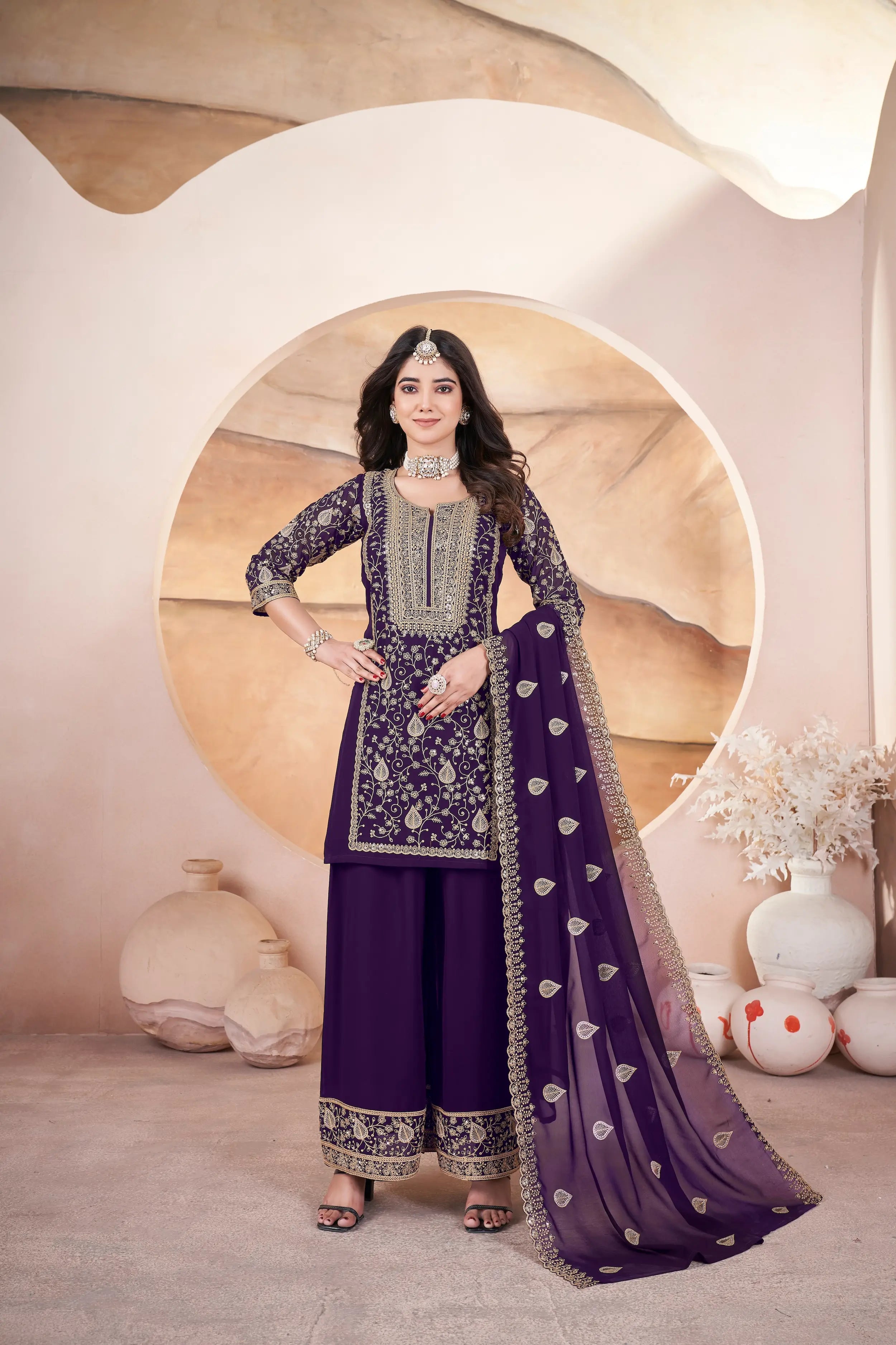 Wine Georgette Embroidery Sequins Salwar Suit - qivii
