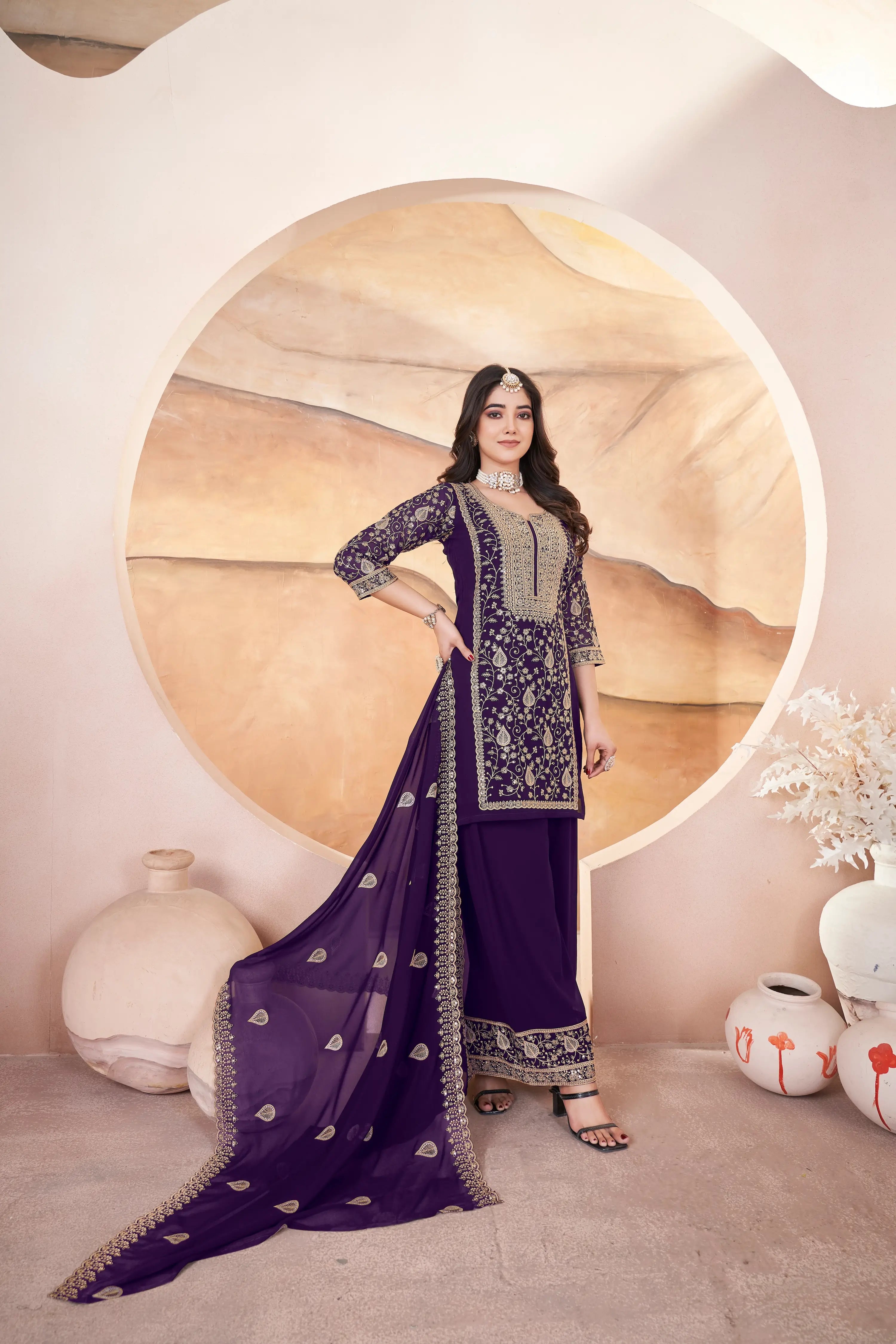 Wine Georgette Embroidery Sequins Salwar Suit - qivii