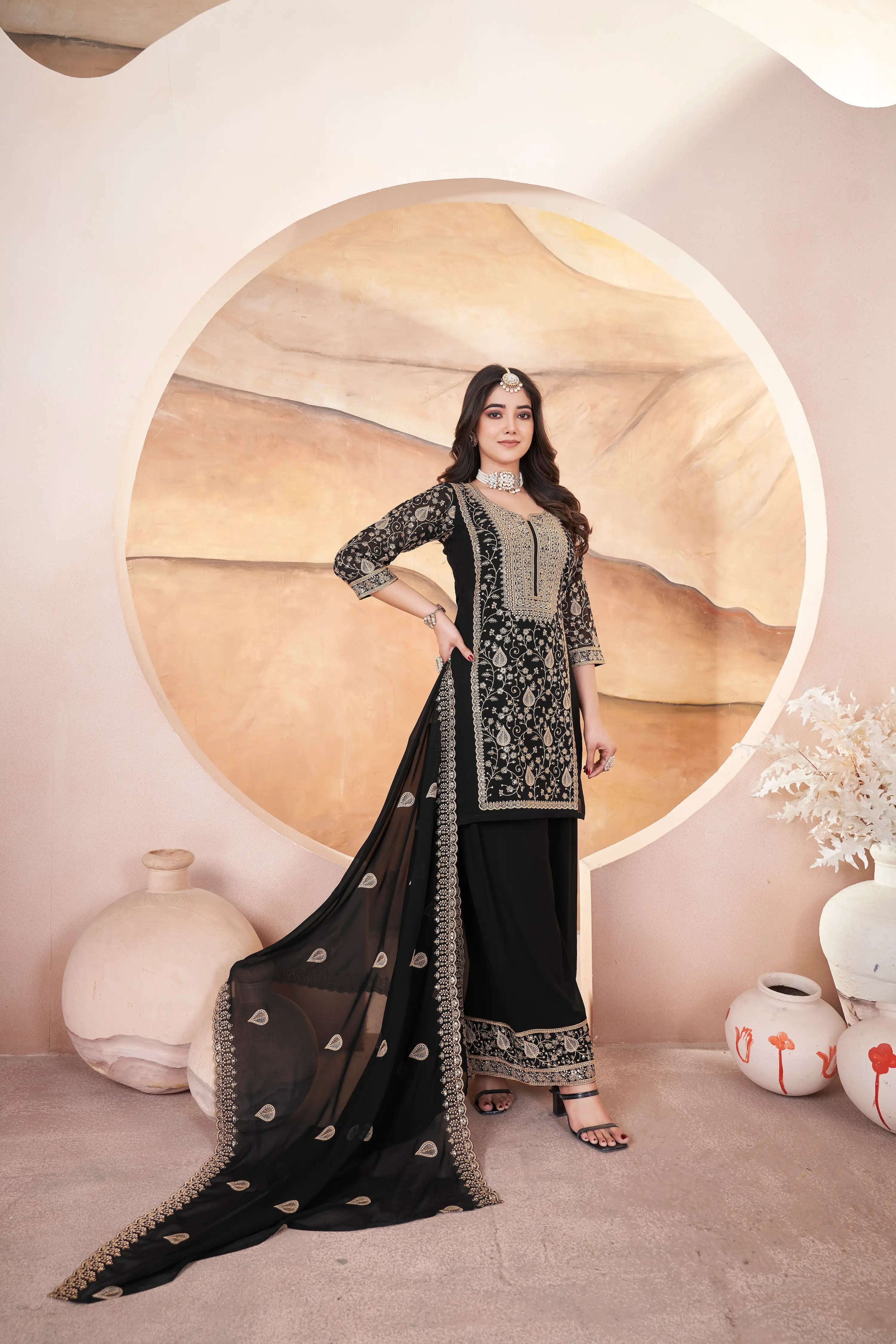Black Georgette Embroidery Sequins Salwar Suit - qivii
