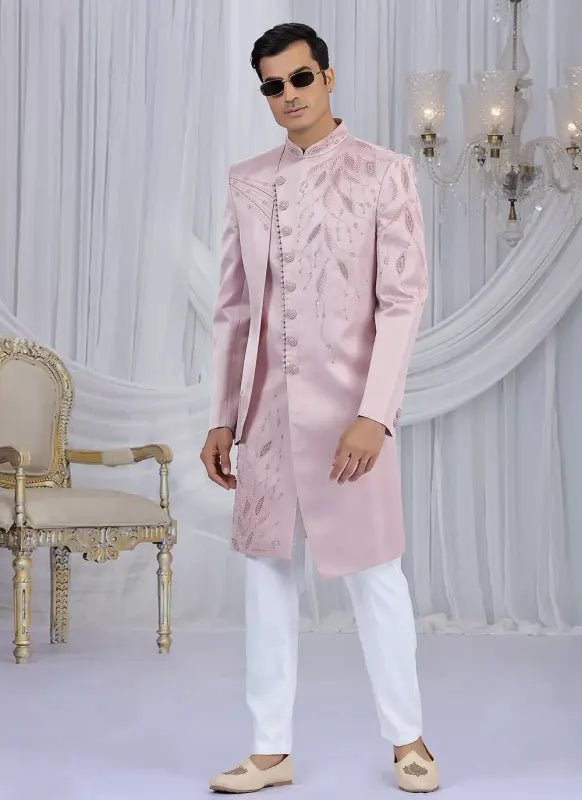 Men's Art Silk Embroidery Work Sherwani Set In Light Pink Color