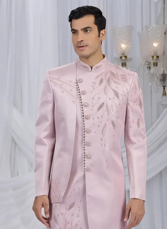 Men's Art Silk Embroidery Work Sherwani Set In Light Pink Color