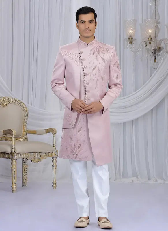 Men's Art Silk Embroidery Work Sherwani Set In Light Pink Color