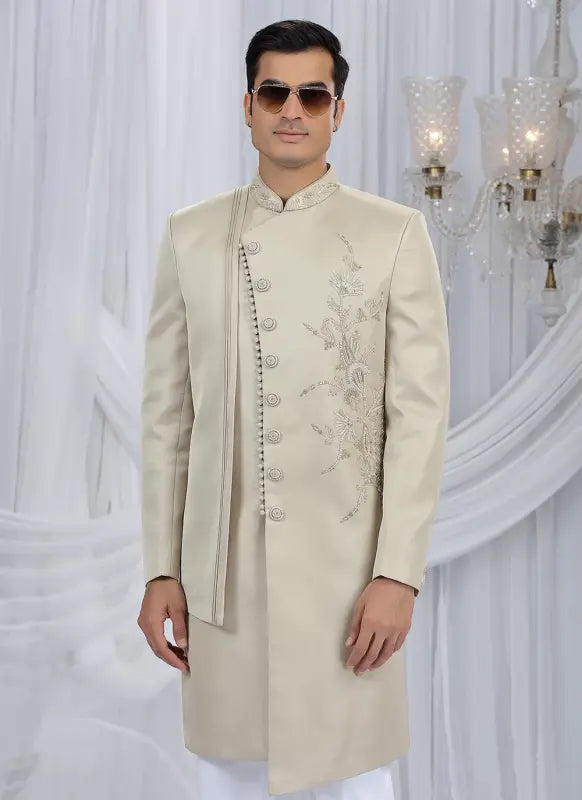 Men's Art Silk Embroidery Work Sherwani Set In Beige Color