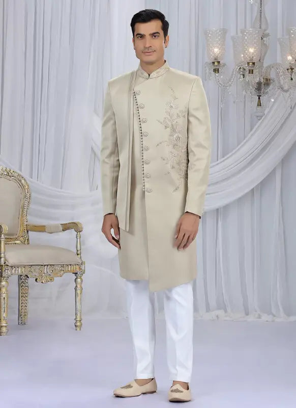 Men's Art Silk Embroidery Work Sherwani Set In Beige Color