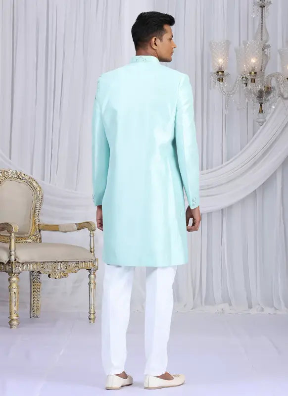Men's Art Silk Embroidery Work Sherwani Set In Sky Blue Color