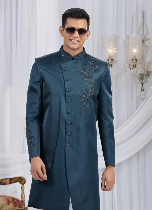 Men's Art Silk Embroidery Work Sherwani Set In Teal Blue Color