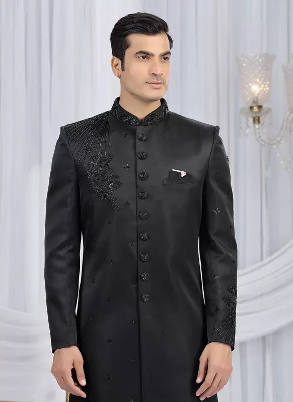 Men's Art Silk Embroidery Work Sherwani Set In Black Color