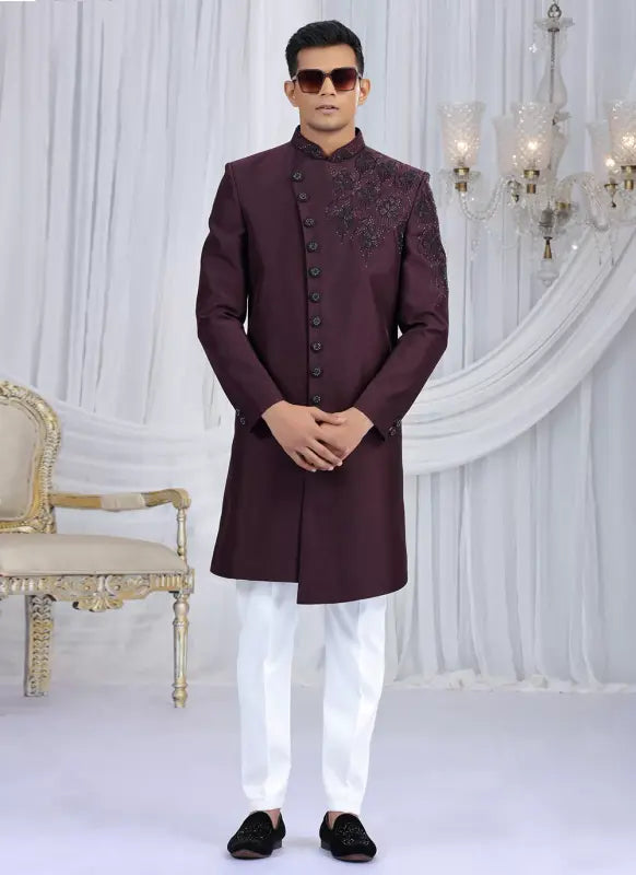 Men's Art Silk Embroidery Work Sherwani Set In Wine Color