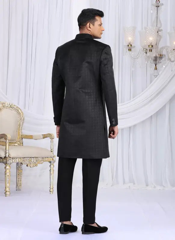 Men's Embosed Velvet Embroidery Work Sherwani Set In Black Color