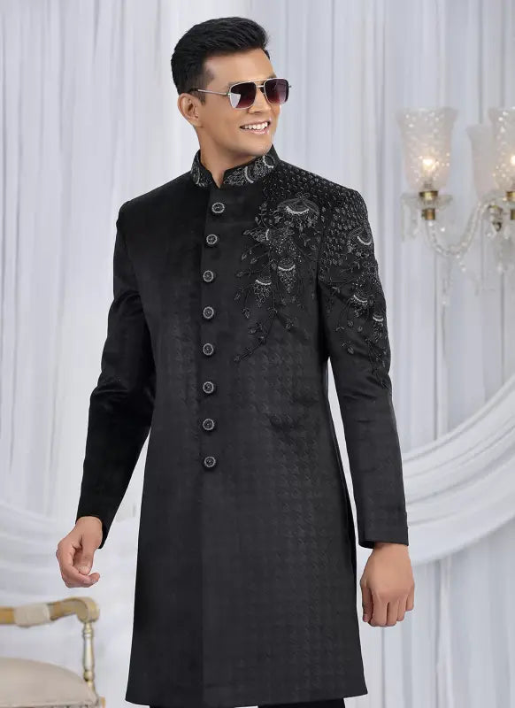 Men's Embosed Velvet Embroidery Work Sherwani Set In Black Color