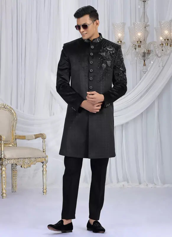 Men's Embosed Velvet Embroidery Work Sherwani Set In Black Color