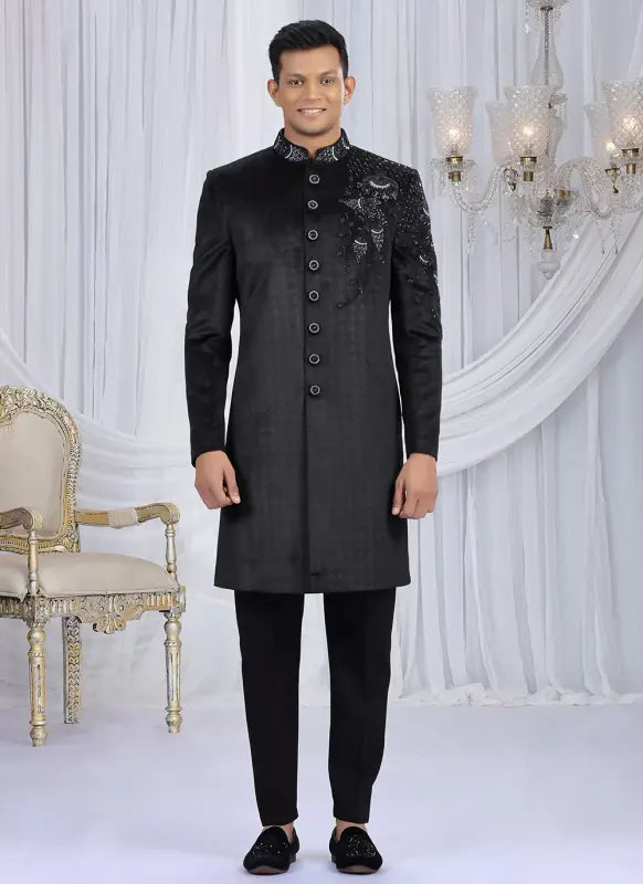 Men's Embosed Velvet Embroidery Work Sherwani Set In Black Color
