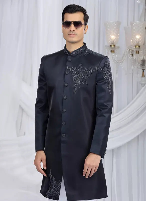 Men's Art Silk Embroidery Work Sherwani Set In Navy Blue Color