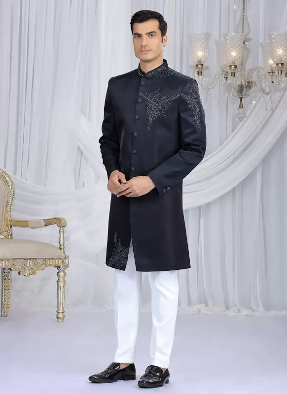 Men's Art Silk Embroidery Work Sherwani Set In Navy Blue Color