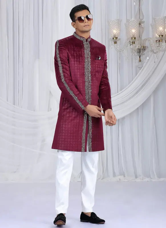 Men's Embosed Velvet Embroidery Work Sherwani Set In Wine Color