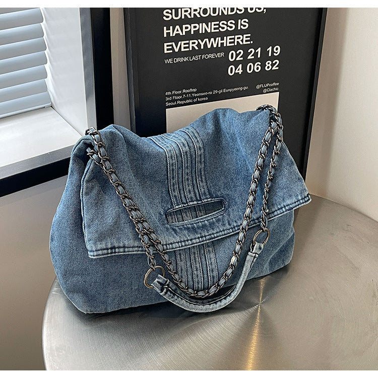 Women's Vintage Denim Tote Bag with Chain Strap – Structured Large-Capacity Crossbody & Shoulder Bag