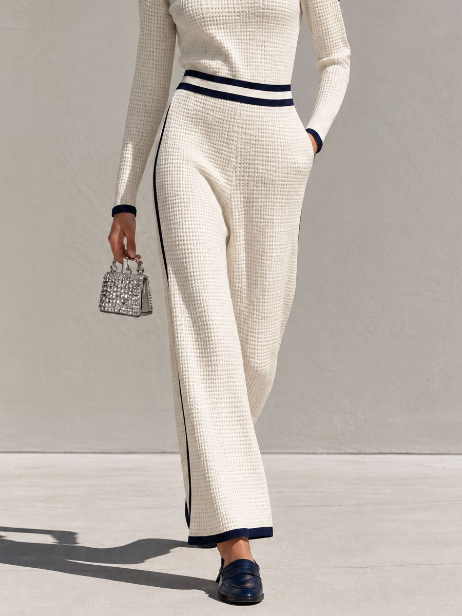 Retro Casual Color-blocked White Knit Top And Pants Set  - By Qivii