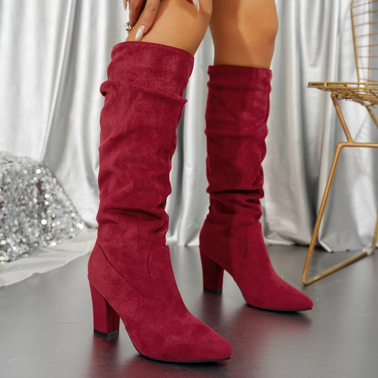 Women’s Suede ChunkyEdge Knee-High Boots – Pointed Toe Chunky Heel Tall Boots (US 4–10.5)