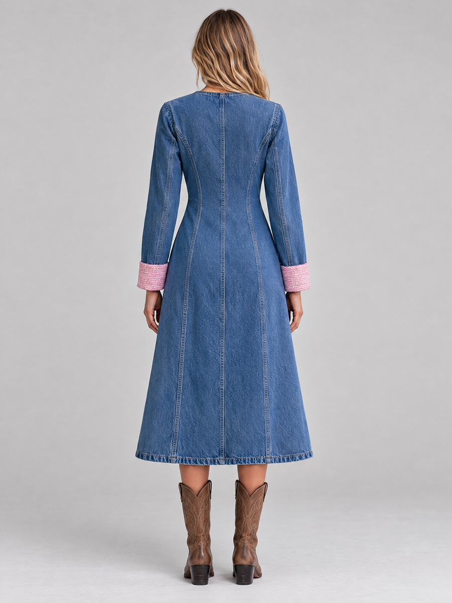 Elegant Vintage Tweed Trim Gold Button Front Denim Midi Dress  - By Qivii