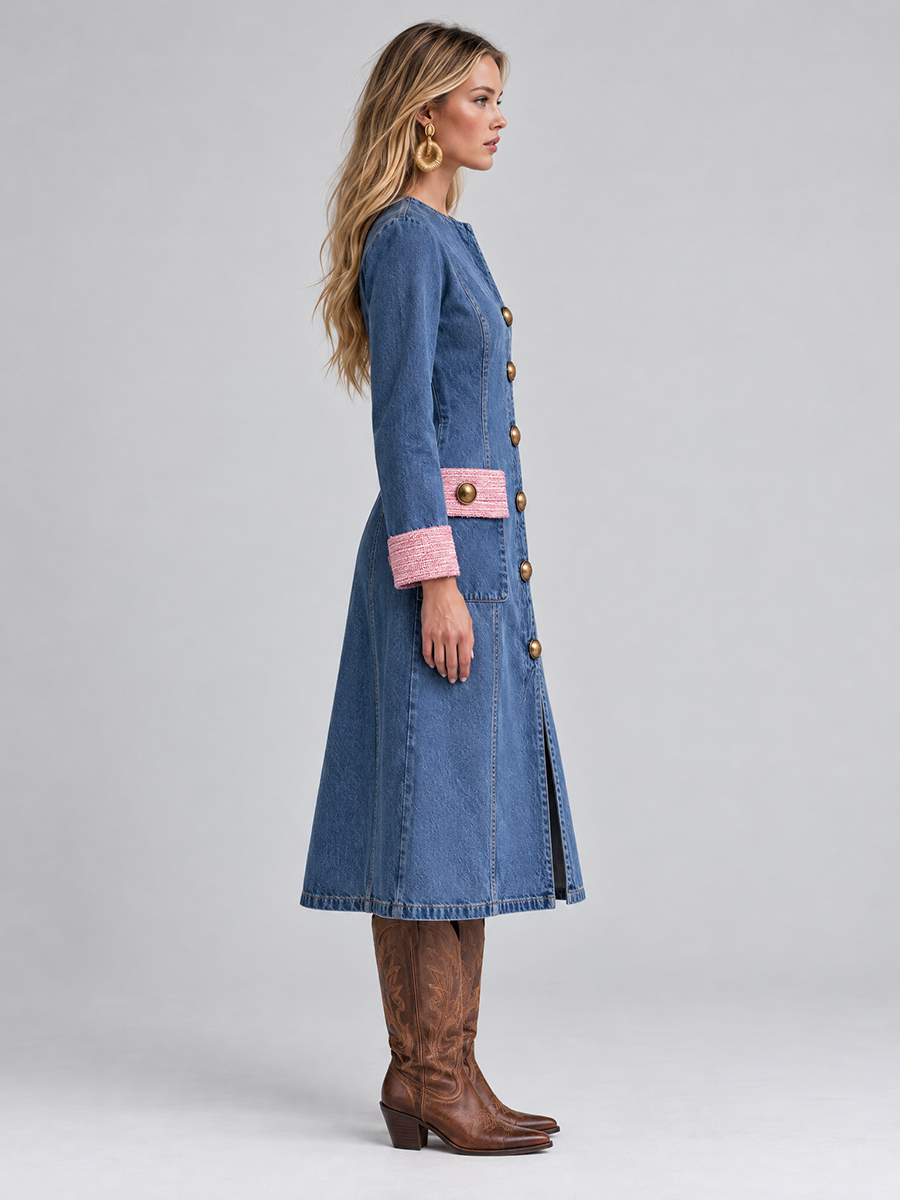 Elegant Vintage Tweed Trim Gold Button Front Denim Midi Dress  - By Qivii
