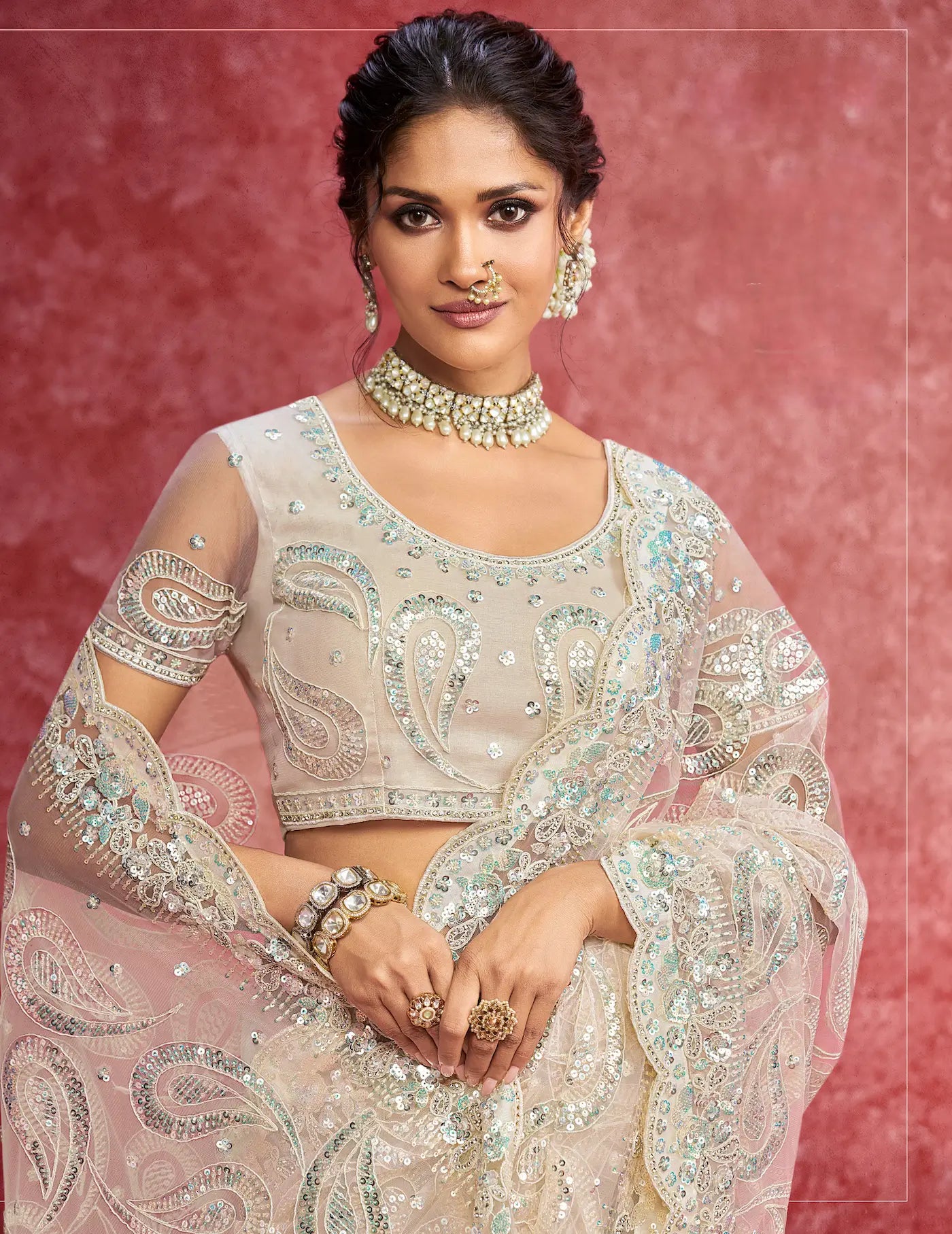 Off White Net Embroidery Work Party Wear Saree - qivii