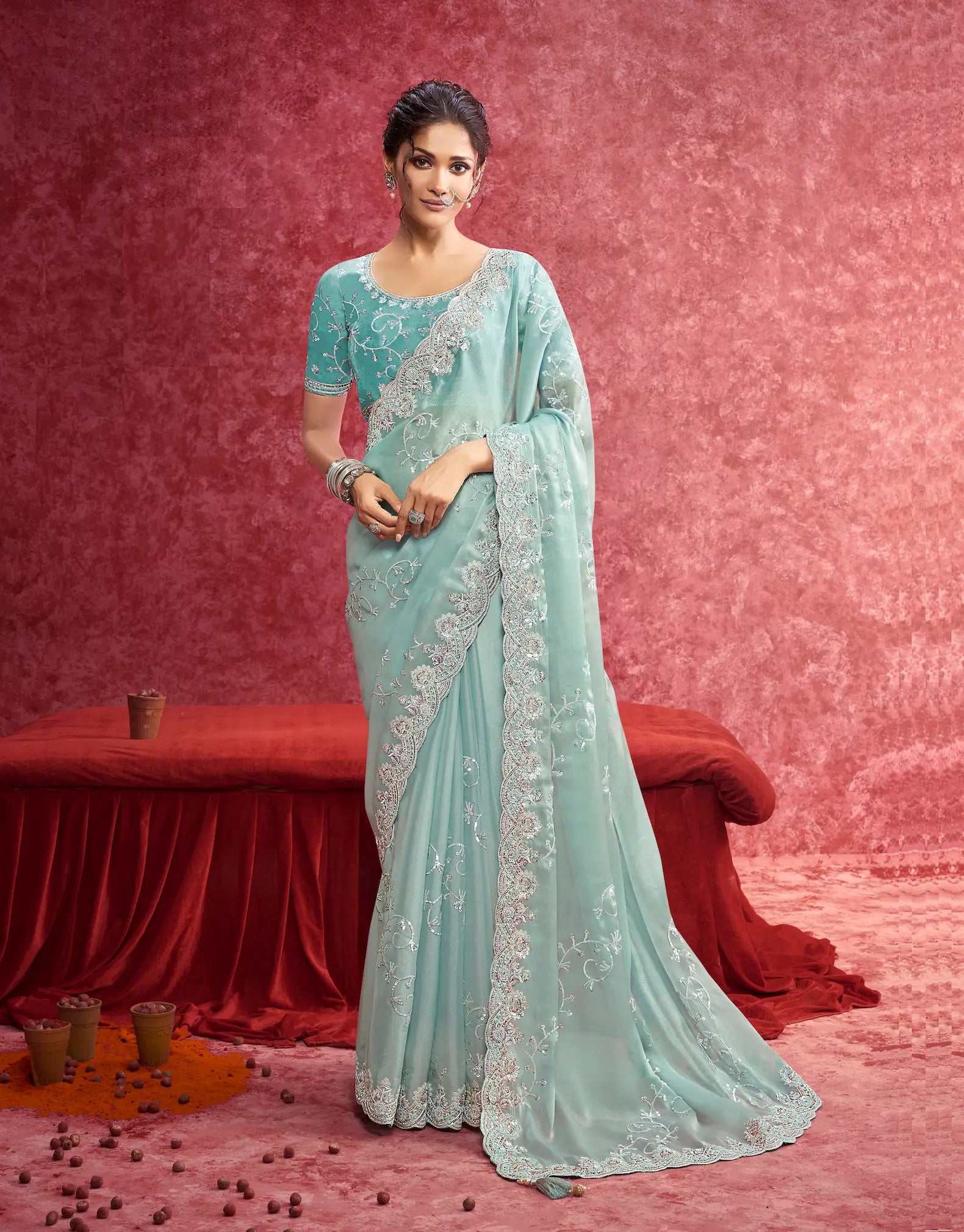 Sky Blue Galaxy Embroidery Work Party wear Saree - qivii