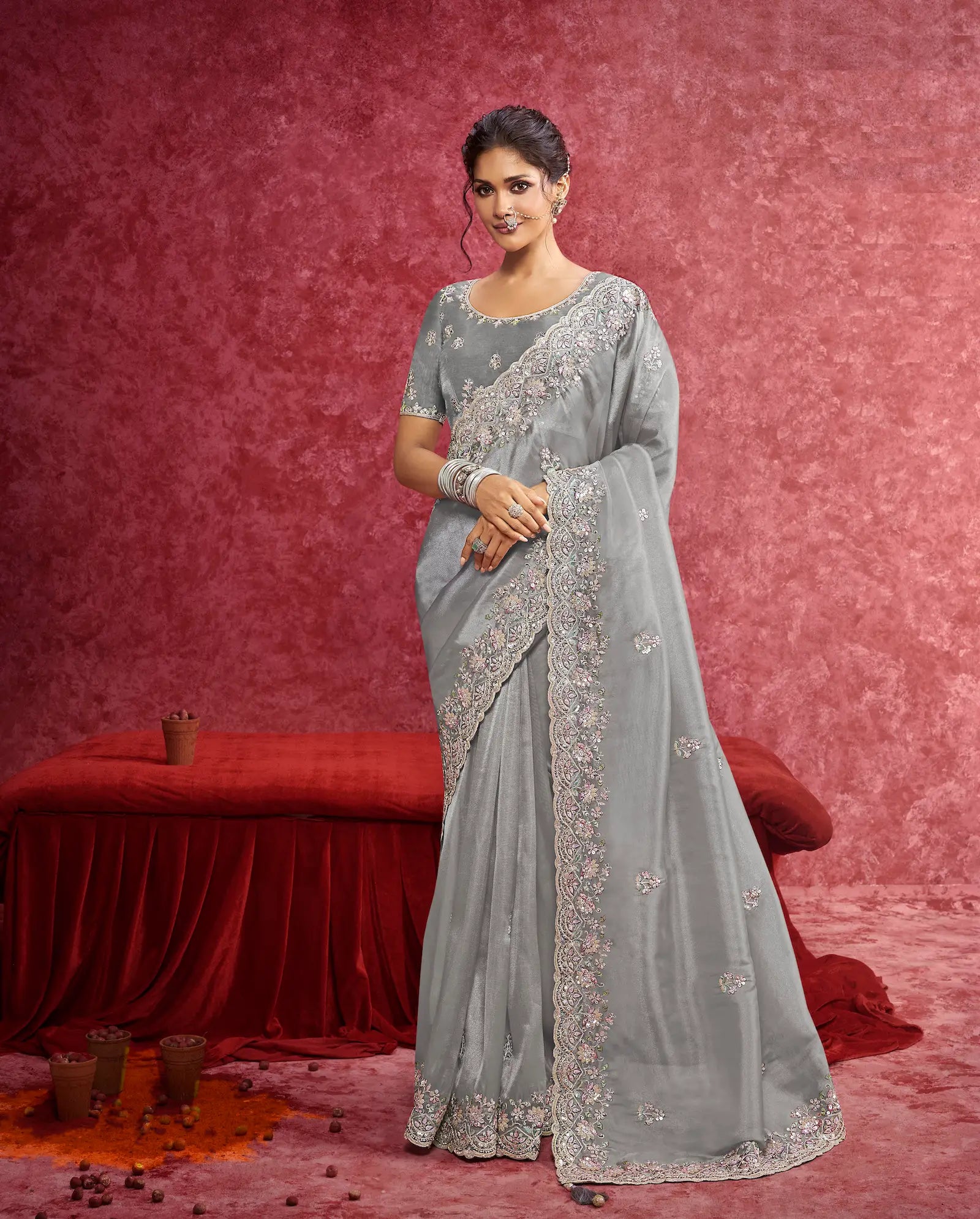 Grey Siya Silk Embroidery Work Party wear Saree - qivii