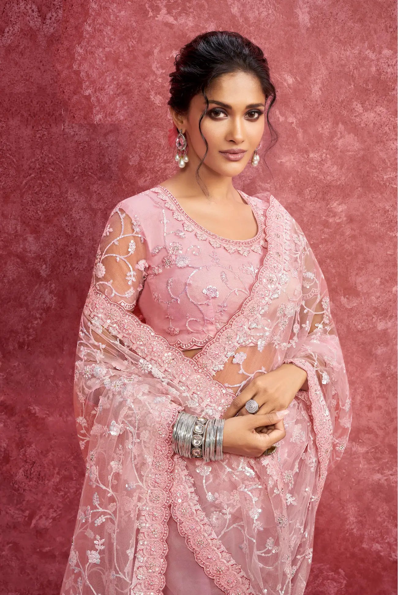 Blush Pink Net Embroidery Work Party wear Saree - qivii