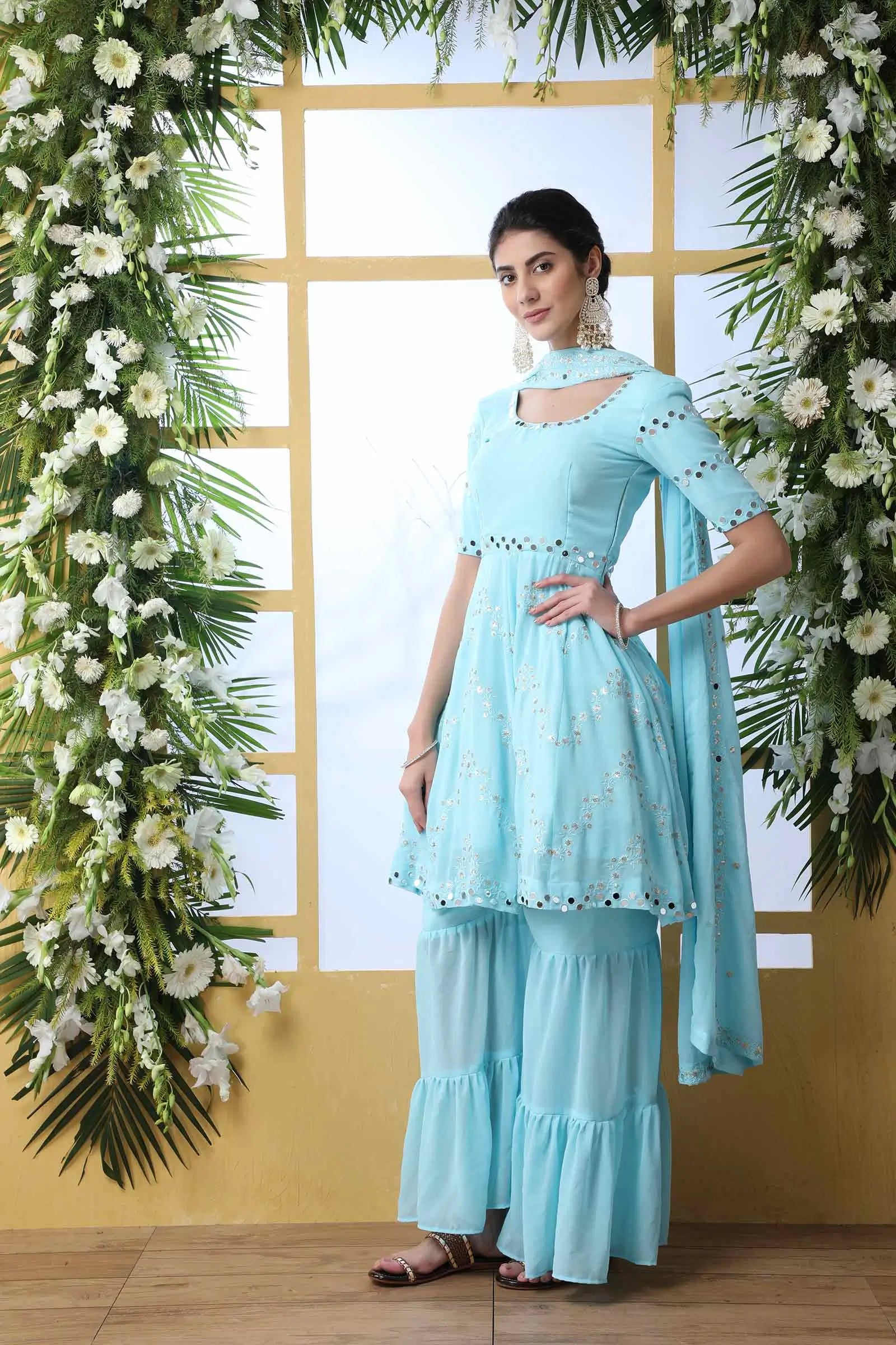 Sky Blue Georgette Salwar Suit With Thread Sequins Work With Mirror Pasting - qivii