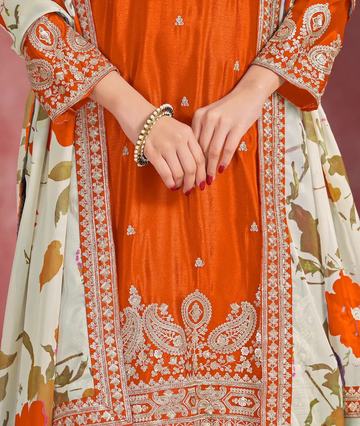 Orange Chinon Embroidery Salwar suit With Organza Dupatta - qivii