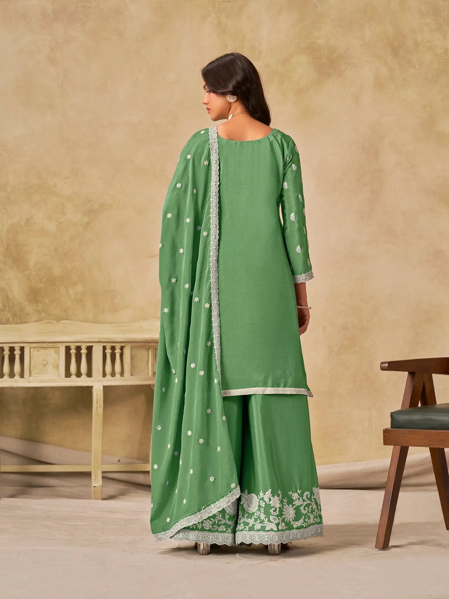 Pista Green Chinon Embroidery Work Palazzo Suit - qivii