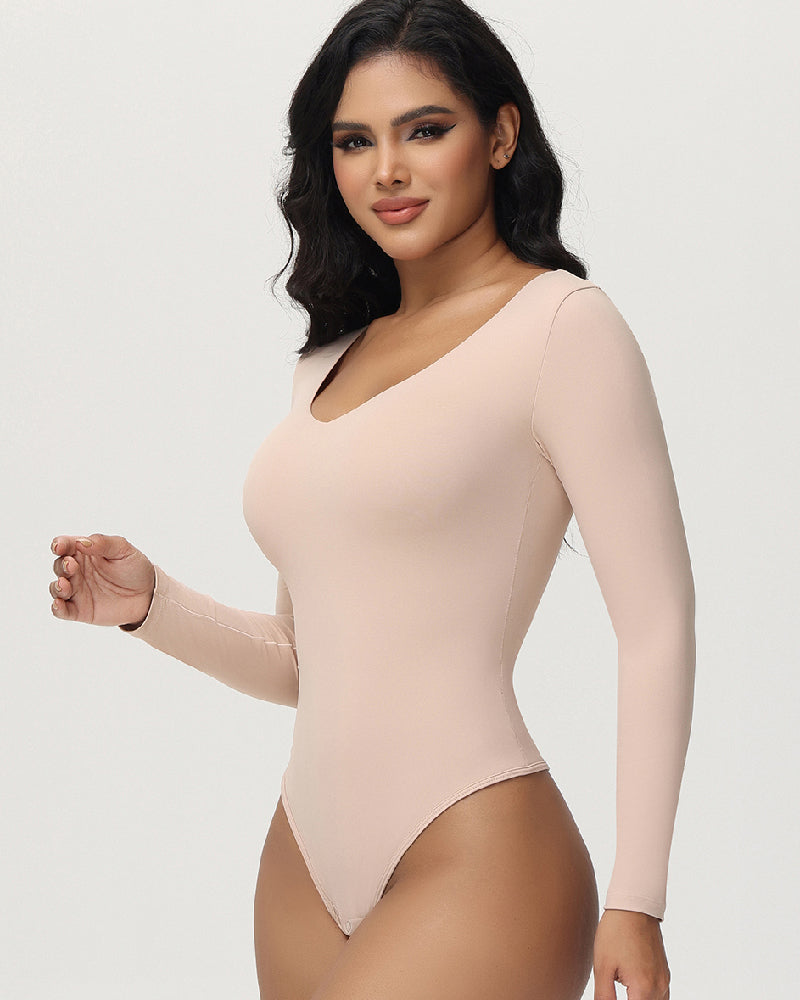Shapshe® Women's Long Sleeve V Neck Seamless Bodysuits Tummy Control Thong Shapewear  - By Qivii