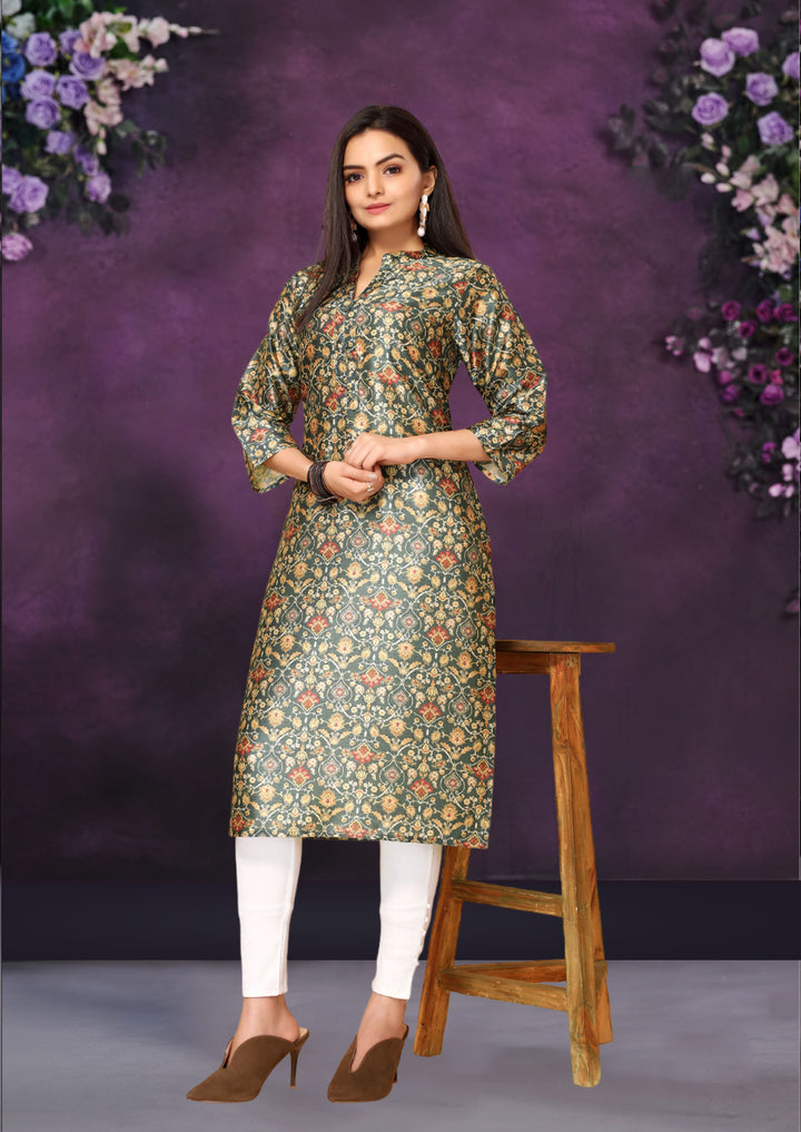 Green Color Poly Chanderi Feative Wear Long Kurti