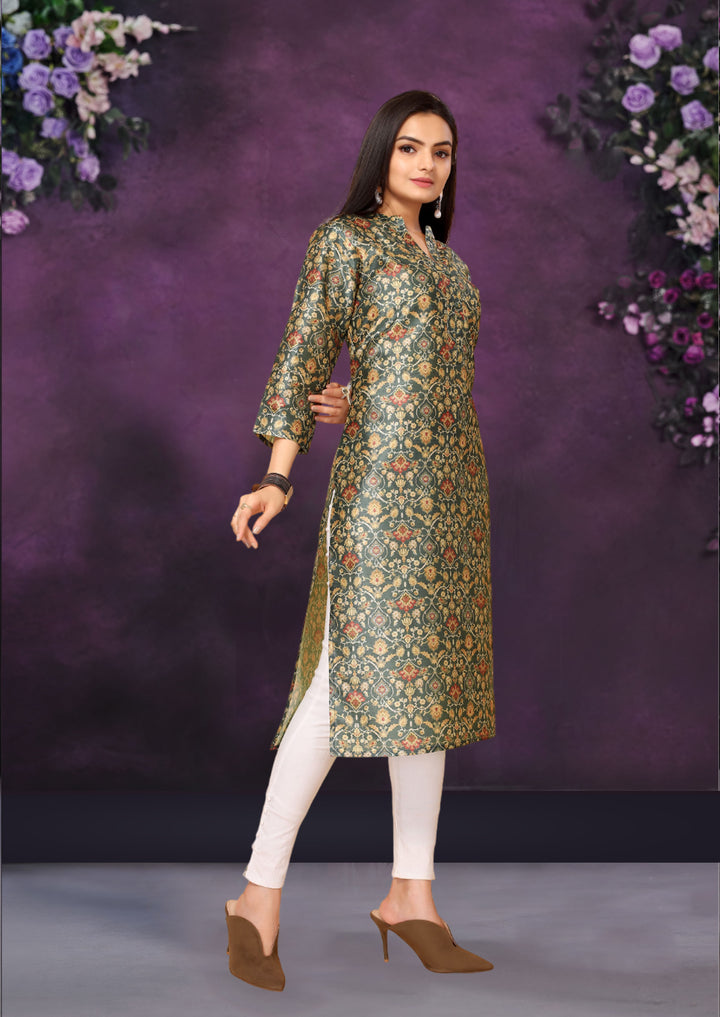 Green Color Poly Chanderi Feative Wear Long Kurti