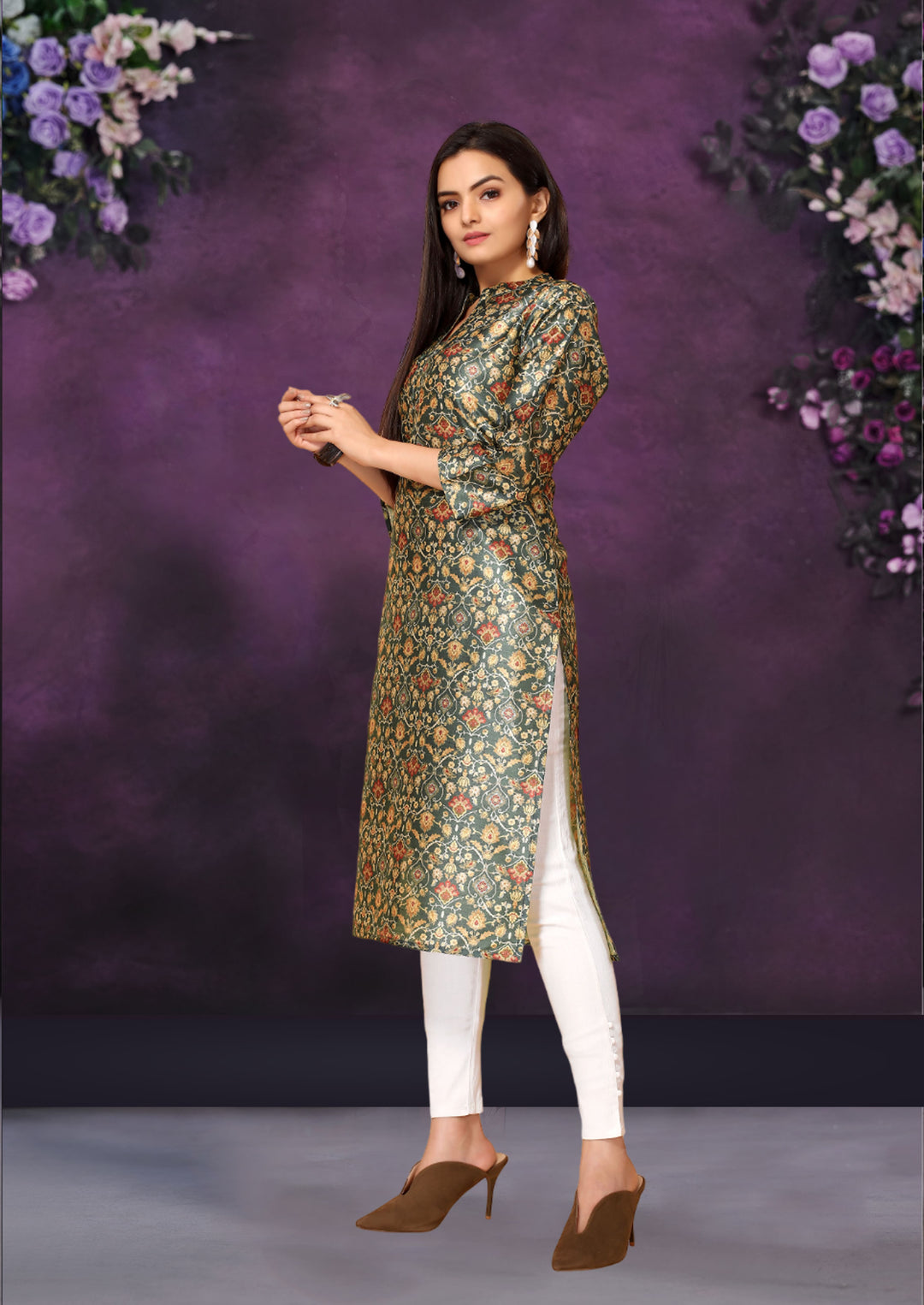 Green Color Poly Chanderi Feative Wear Long Kurti