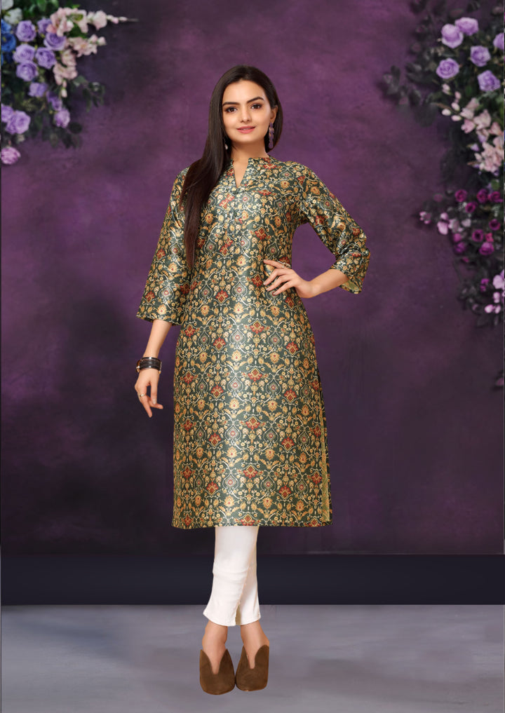 Green Color Poly Chanderi Feative Wear Long Kurti