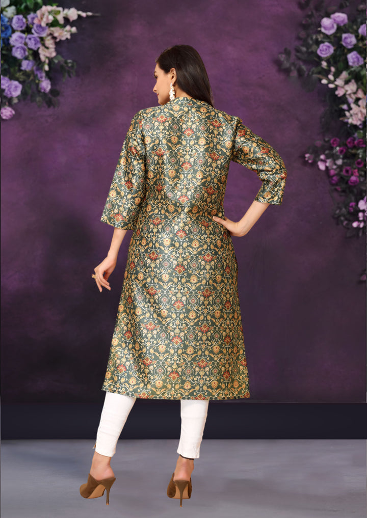 Green Color Poly Chanderi Feative Wear Long Kurti