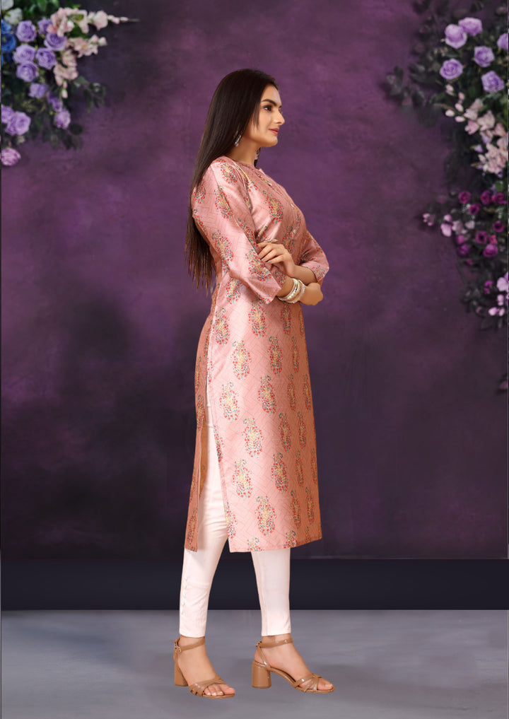 Pink Color Poly Chanderi Feative Wear Long Kurti