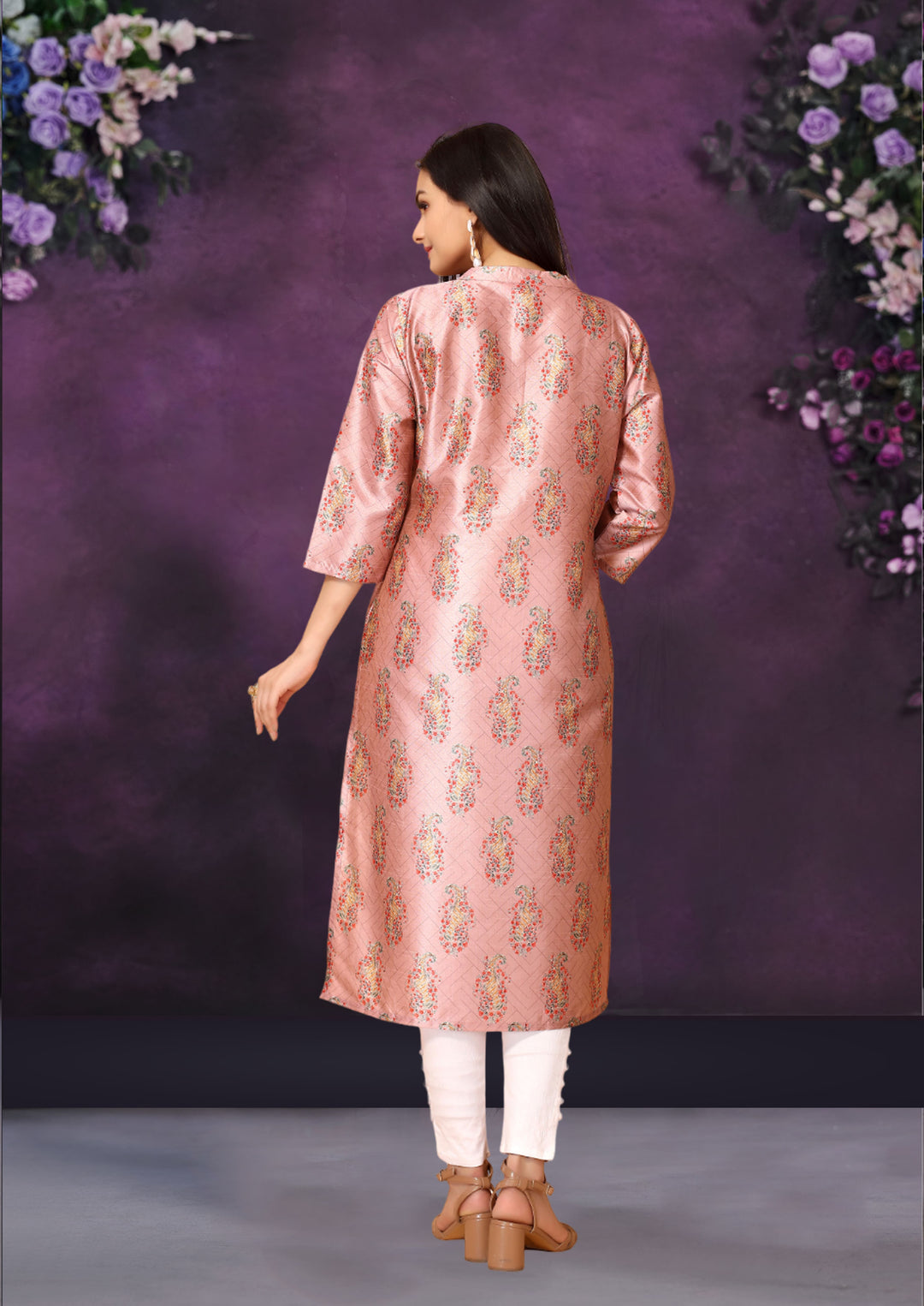 Pink Color Poly Chanderi Feative Wear Long Kurti