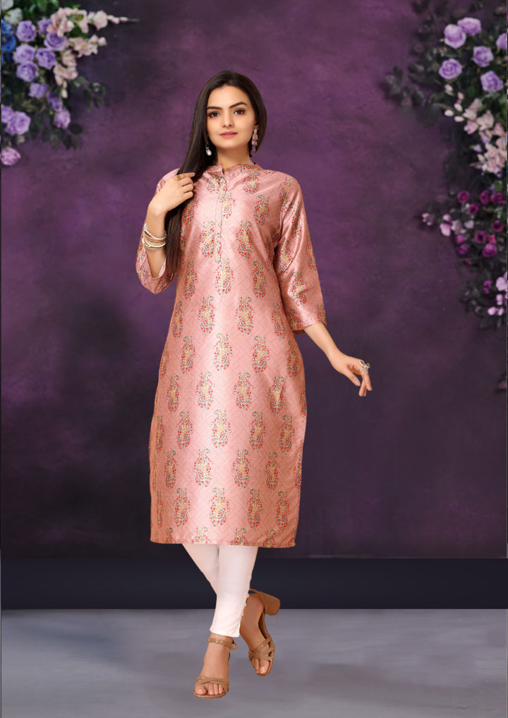 Pink Color Poly Chanderi Feative Wear Long Kurti