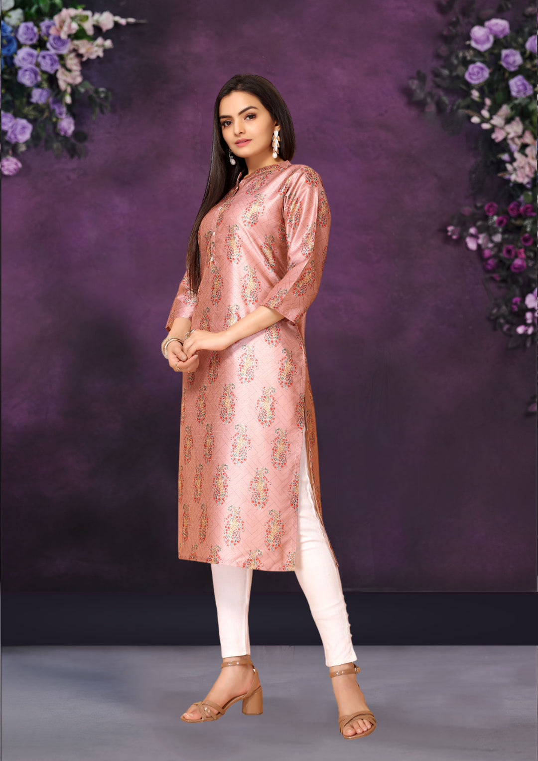 Pink Color Poly Chanderi Feative Wear Long Kurti