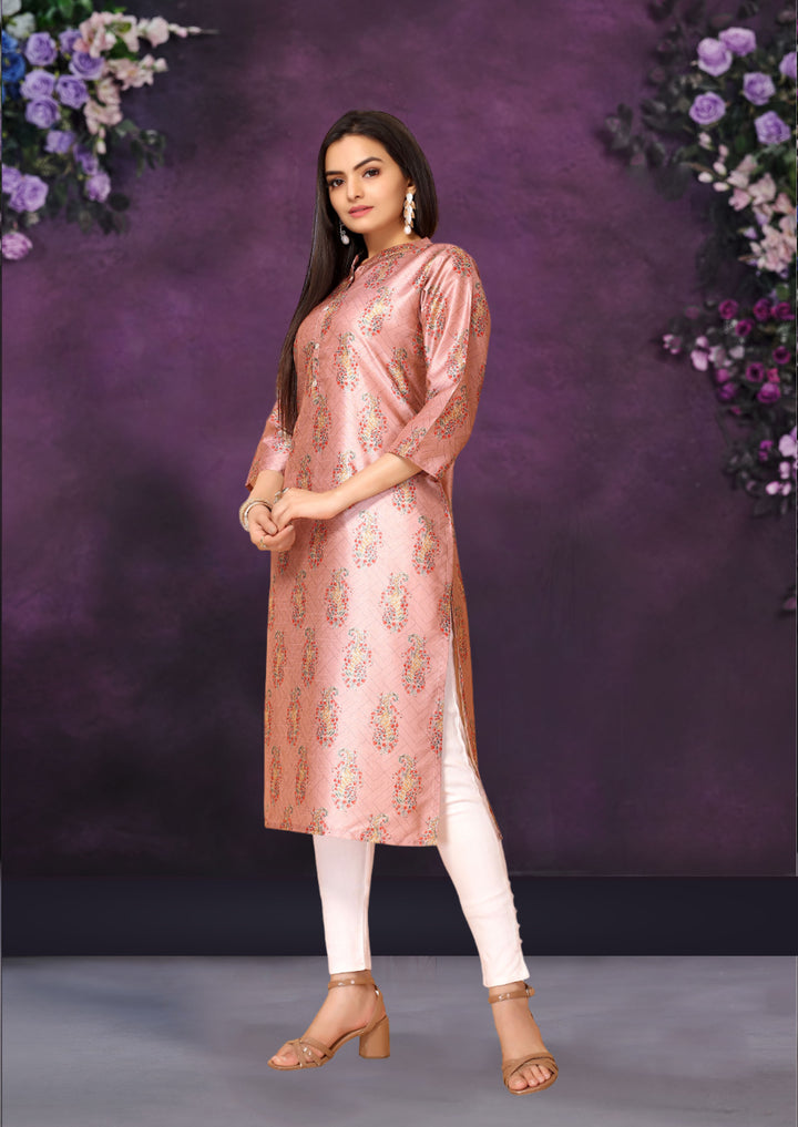 Pink Color Poly Chanderi Feative Wear Long Kurti