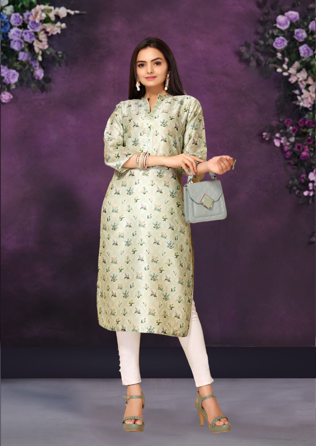 Light Green Color Poly Chanderi Feative Wear Long Kurti