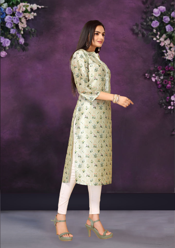 Light Green Color Poly Chanderi Feative Wear Long Kurti